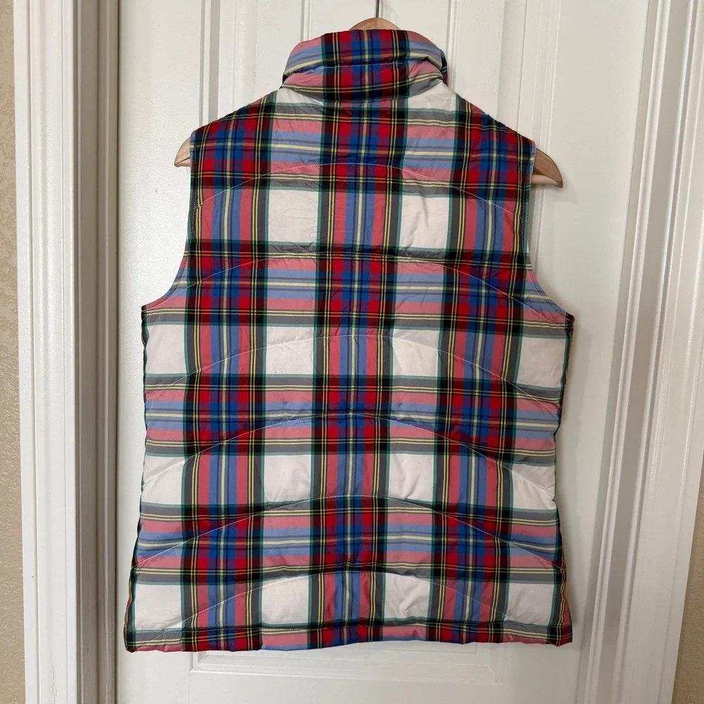 Lands End Womens Plaid Puffer‎ Vest Size Small Red Blue  Zip Front Sleeveless